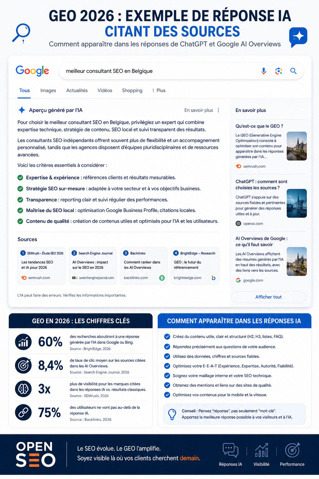 Exemple de réponse IA (AI Overview) citant plusieurs sources, avec les chiffres clés du GEO en 2026